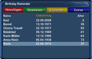 Birthday Reminder: Liste mit eingetragenen Geburtstagen