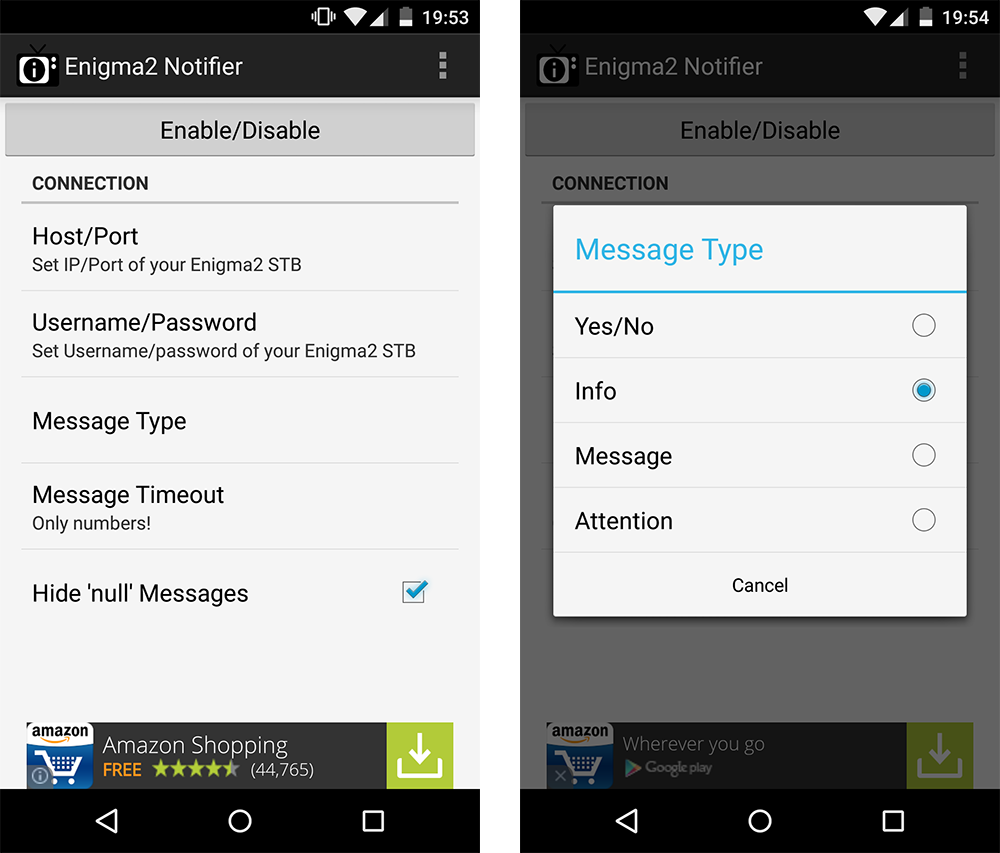 Enigma2-Notifier für Android: Startbildschirm (links) und Konfiguration des "Message Type" (rechts).